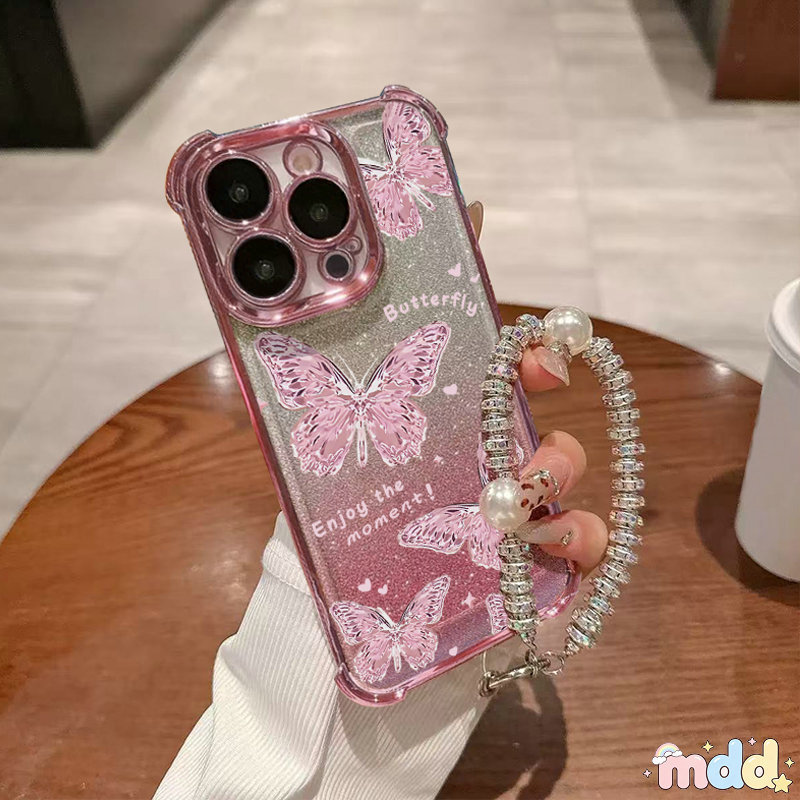 กันแผ่นดินไหว นุ่ม เคส For VIVO V60 V50 Lite V50E 4G 5G V30 V25 Pro V29E V23 S12 แฟชั่น สีชมพู ผีเสื้อ เพชร ไข่มุก โซ่