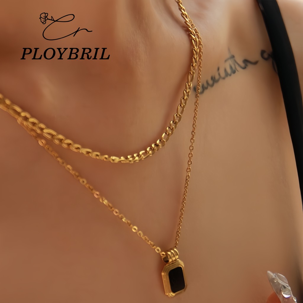 PLOYBRIL สแตนเลส 18K Gold Plated สร้อยคอสองชั้นสําหรับผู้หญิงสี่เหลี่ยมผืนผ้าสร้อยคอสีดํา X077