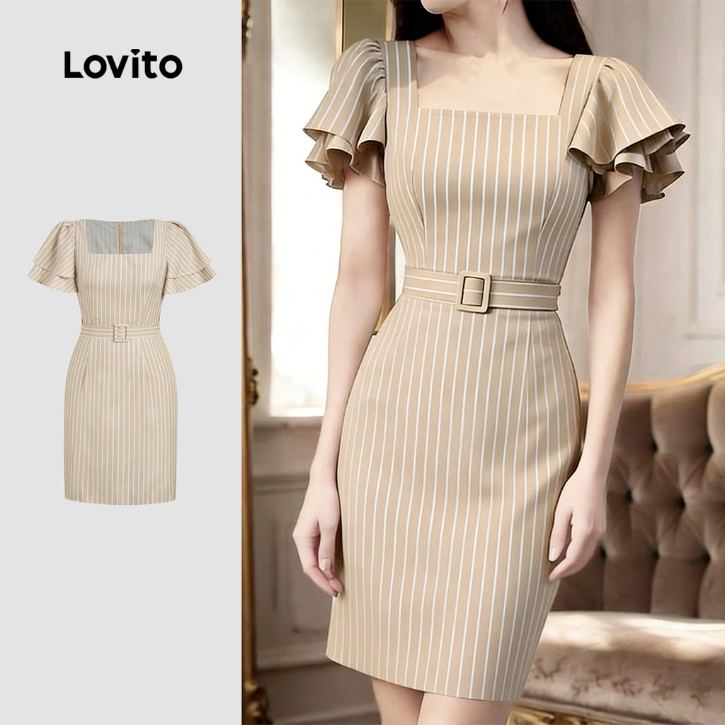 Lovito เดรสผู้หญิงทรงเข็มขัด สีกรมท่า ใส่สบาย สไตล์ลําลอง สําหรับฤดูใบไม้ผลิ/ฤดูร้อน LBL35197