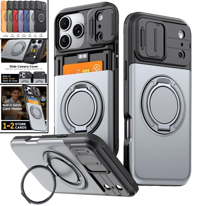 เคสสําหรับงานหนักพร้อมฝาครอบกล้องสไลด์ช่องเสียบการ์ดสําหรับปลอก IPhone 17 16 15 14 13 12 Pro Max พร้อมขาตั้งหมุนได้