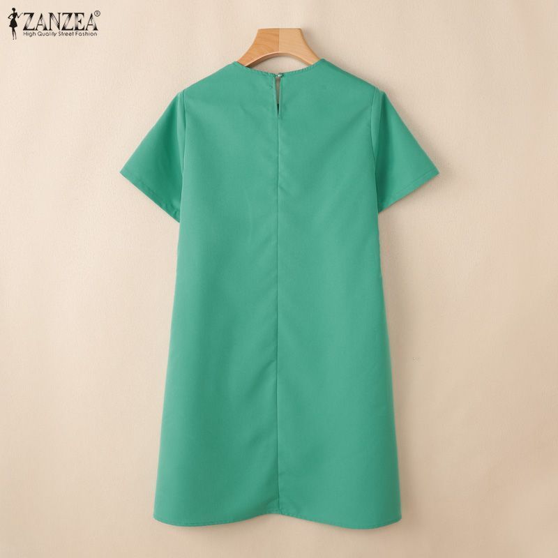 ZANZEA ผู้หญิงเกาหลีอารมณ์หรูหราคอลูกเรือแขนสั้น 3D ดอกไม้ตกแต่งหลวม A-Line ชุดเดรส — صورة 8