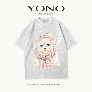 (พร้อมส่ง24ชม.) เสื้อยืด oversize สีชมพูฟอกลาย ลายแมวขาวผ้าพันคอ ฟีลคิ้วท์วินเทจ ใส่สบาย