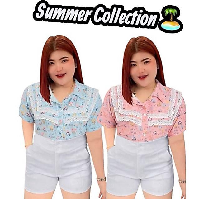 RN203.เสื้อเชิ๊ตสาวอวบลายดอกหญ้าแต่งลูกไม้ถักเหลี่ยม2ชั้น หน้าผ้า50งานสวย