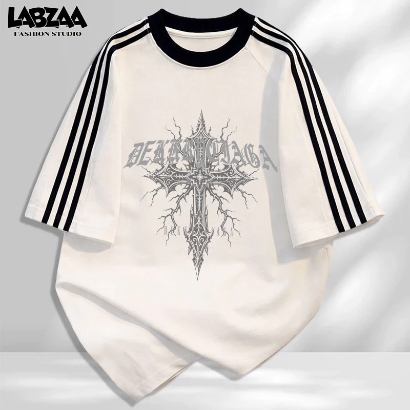 【จัดส่งจากกรุงเทพฯ】LABZAA เสื้อยืดแขนสั้นคอกลม✨วินเทจฟอกน้ำ ลวดลายแฟชั่น Oversized ระบายอากาศ YG4604
