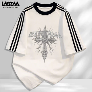 【จัดส่งจากกรุงเทพฯ】LABZAA เสื้อยืดแขนสั้นคอกลม✨วินเทจฟอกน้ำ ลวดลายแฟชั่น Oversized ระบายอากาศ YG4604