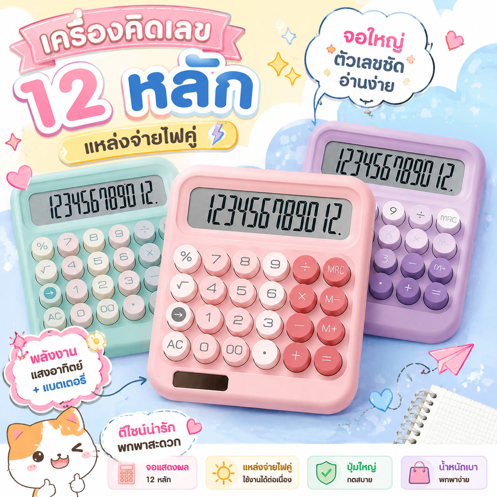 เครื่องคิดเลข 12 หลัก ปุ่มหลากสีสัน ใช้พลังงานแสงอาทิตย์ แสดงสัญลักษณ์การคำนวณอินพุตที่ด้านข้าง
