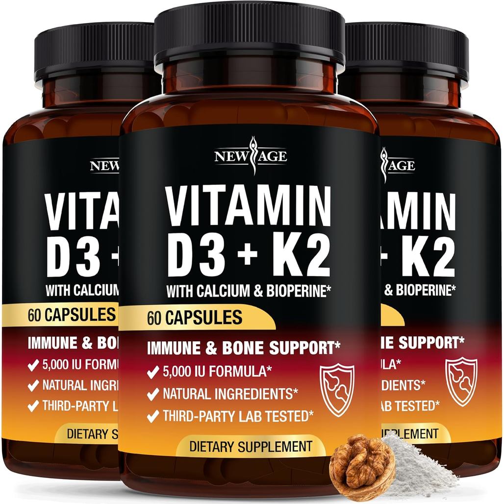 New Era Vitamin D3 5,000 IU+K2 MK-7 100 Micrograms-2 in 1 Bone, Immune and Heart Support, Swallow, N
