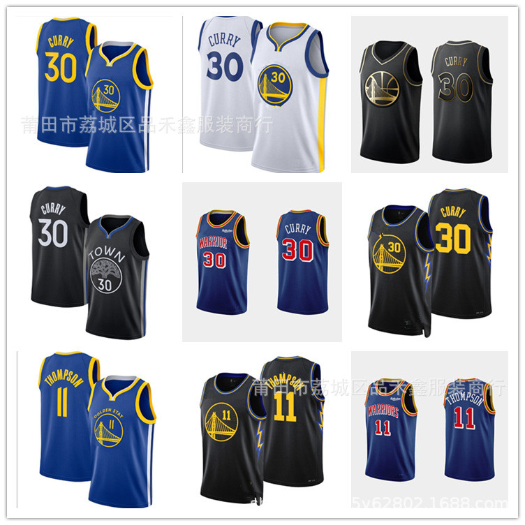 จัดส่งในวันเดียวกัน!!เสื้อบาสเก็ตบอลปักลาย Warriors 30 Curry 11 Thompson City jersey