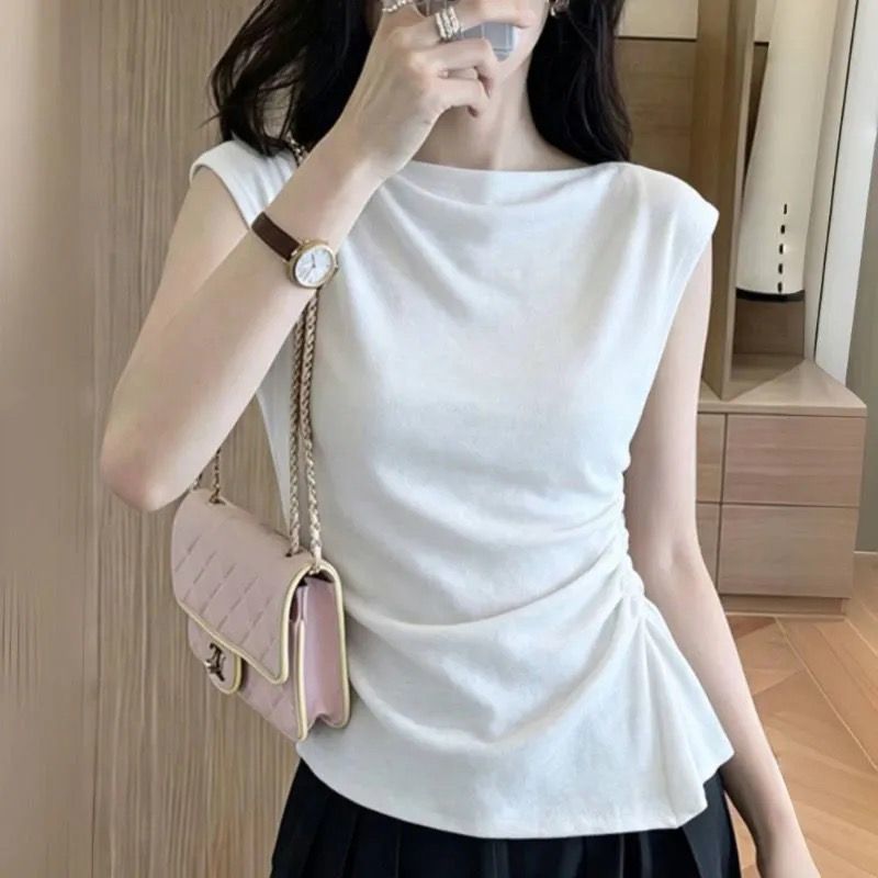 สีดํา Modal แขนบินขนาดเล็กผู้หญิงแขนกุด Slim-fit เสื้อยืดแขนสั้นผู้หญิงฤดูร้อนออกแบบ All-Ma