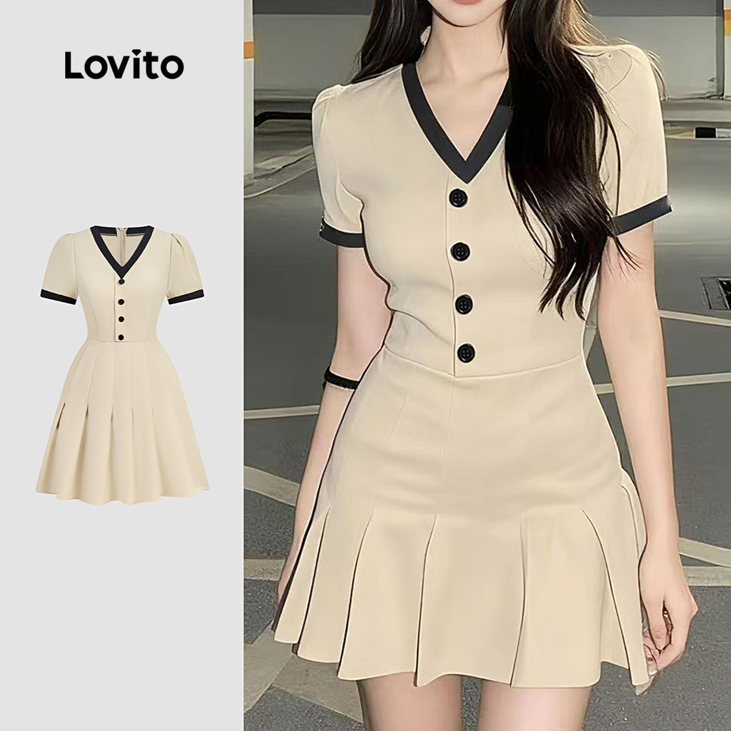 Lovito แคชชวล ชุดเดรสผูกเชือกด้านหน้าแบบมีกระดุม สไตล์ฤดูใบไม้ผลิ/ฤดูร้อน สีคากี L157LD244