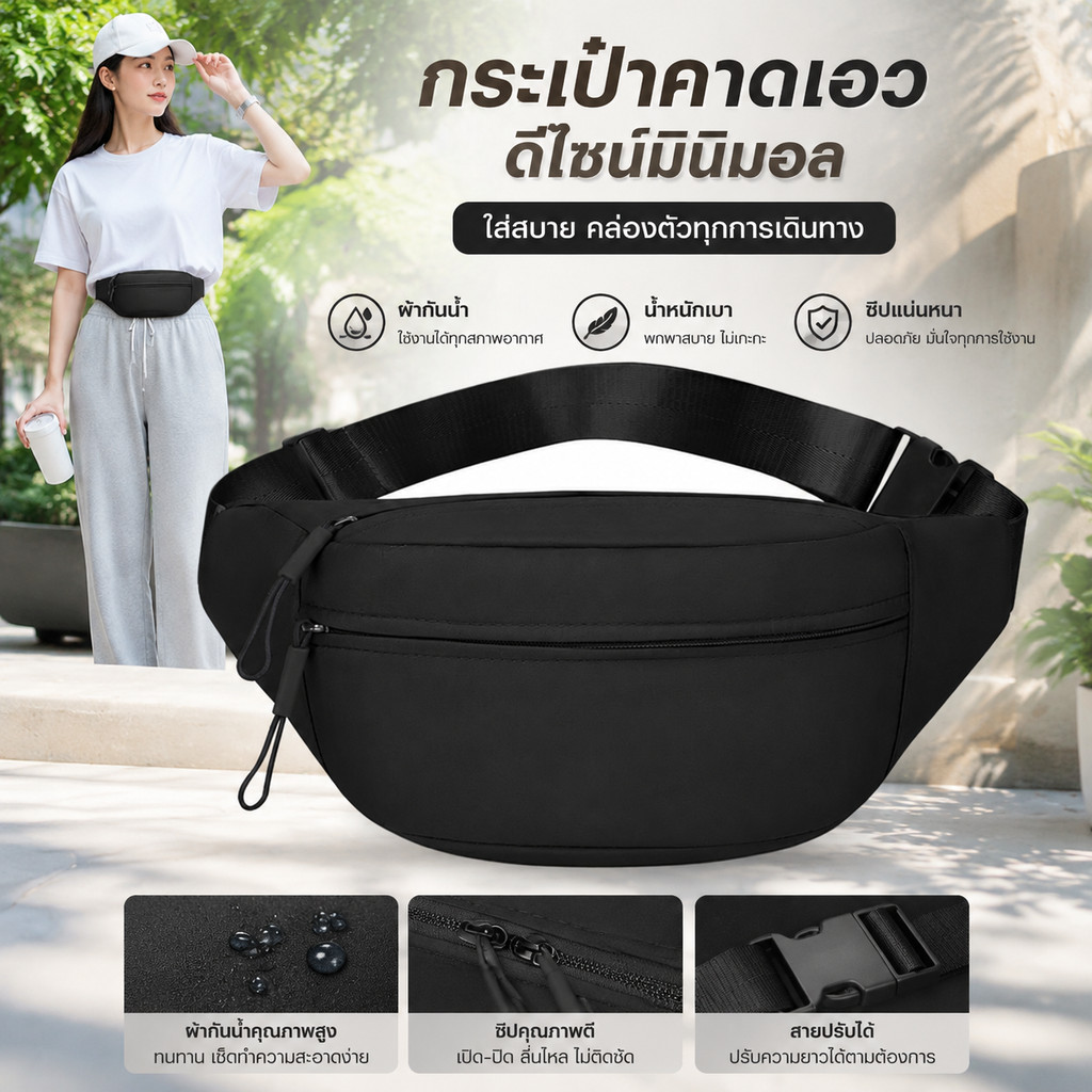ถุงเอวไนลอนกันน้ำ สายปรับได้ น้ำหนักเบา เหมาะสำหรับสุภาพสตรีเดินทางกลางแจ้ง