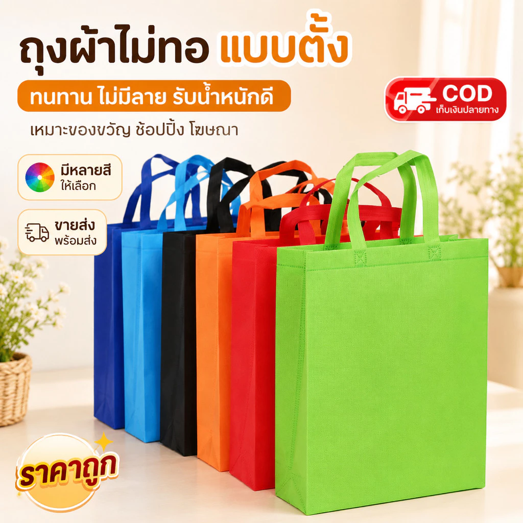 แบบตั้ง ถุงผ้าไม่ทอแบบตั้ง ทนทาน ไม่มีลาย เหมาะของขวัญ ช้อปปิ้ง โฆษณา ขายส่งพร้อมส่ง รับ COD รับน้ำหนักได้ดี ราคาถูก
