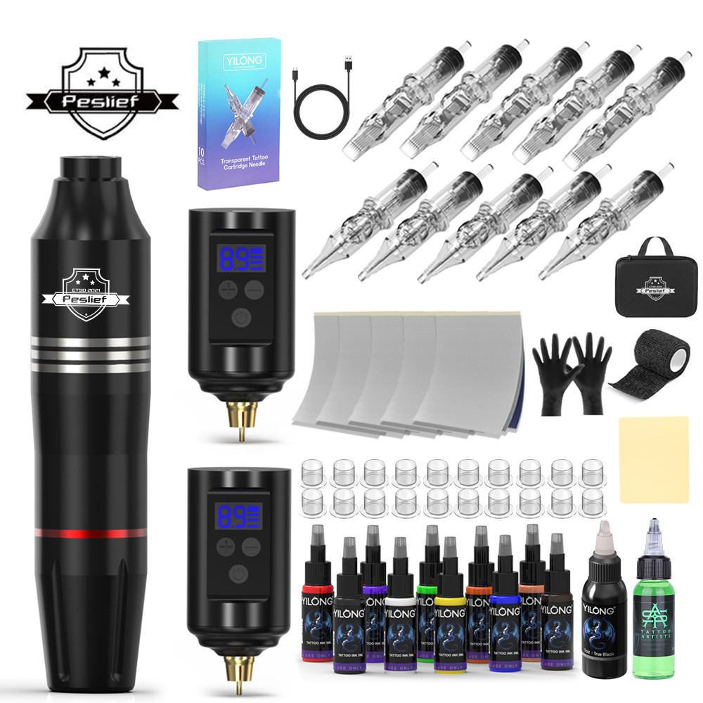 YILONG ปากกาสักไร้สายมืออาชีพพร้อมแบตเตอรี่ 2 ก้อน - เครื่องสักไร้สายติดทนนานสําหรับแต่งหน้าถาวร & B