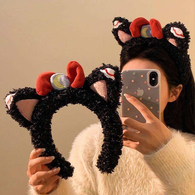 Sweet Cool Kitten ~ Cute Black Cat Ears Bow Fluffy Hair Band Female Hair Fixer for Face Wash Headban