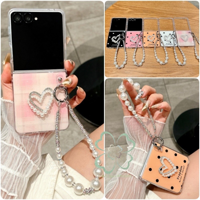แฟชั่น Glitter Polka Dot เคสโทรศัพท์สําหรับ Samsung Galaxy Z Flip 7 Z Flip 6 7FE Z Flip 5/4/3 รูปหัวใจสร้อยข้อมือฝาครอบ