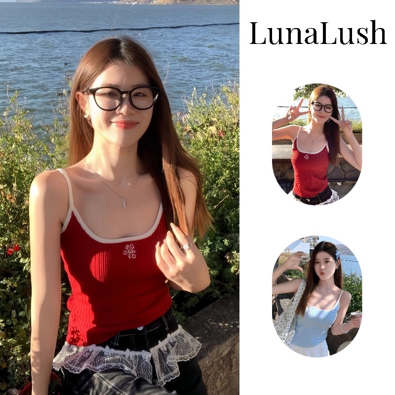 LunaLush✨พร้อมส่ง สายเดี่ยว สายเดี่ยว ผ้าร่องปักตัวอักษร ซัมเมอร์ เซ็กซี่"Y9911"