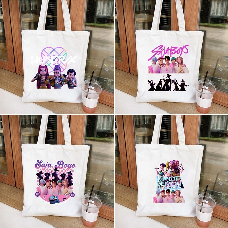 Kpop Demon Hunters Canvas Tote Bag Zoey Mira Rumi Derpy Tiger Shopping Bag