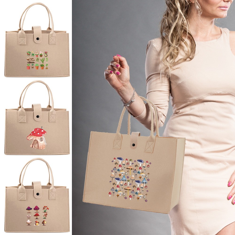 Felt handbag Cute Mushroom Series Womens White Felt Travel Office Tote Shoulder Bag Semua Saiz สําหร