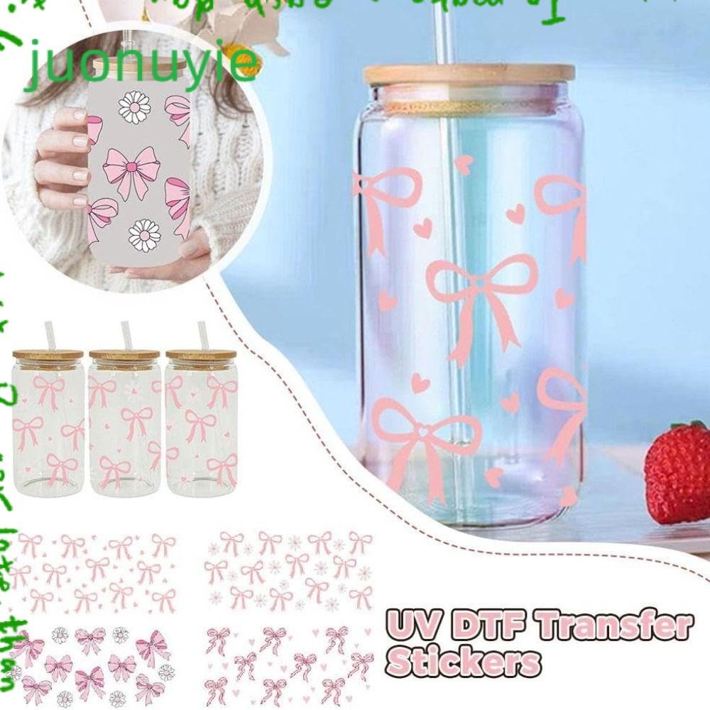 JUONUYIE Wrap Stickers, Waterproof UV DTF Transfer Stickers, Smooth Pink Bow Decals สําหรับถ้วยแก้ว 