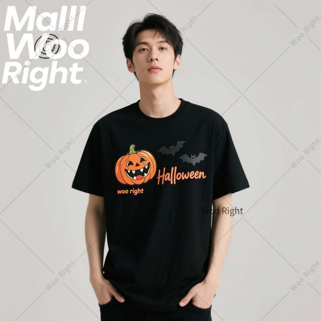 (จัดส่งตลอด 24 ชั่วโมง)Woo Right 2025 ฮาโลวีนชายเสื้อยืด "ฟักทองค้างคาวผี" พิมพ์เสื้อสีดำหลวมหลายร้อยด้านบน
