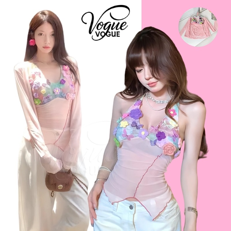 Vogue🌟พร้อมส่ง🌟 กล้าม/เสื้อคลุมแขนยาว ดีเทลสีชมพูซีทรูบางเบา ลายดอกไม้ (FY947/FY951)