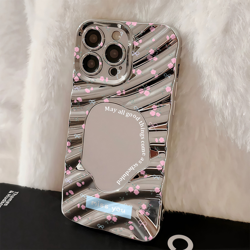 ส่งจากไทย เคสสำหรับไอโฟน13 ดอกไม้สีชมพู ลายสวยงาม เคสกระจกลายหยัก For iPhone12 13 14ProMAX 16 15PLUS