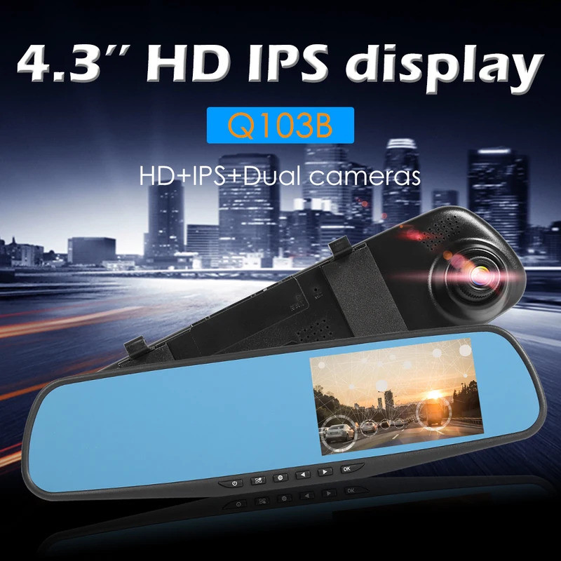 Q103B กระจกมองหลังรถ DVR กล้อง 4.3 นิ้ว IPS 1080p Dual Lens Dashcam