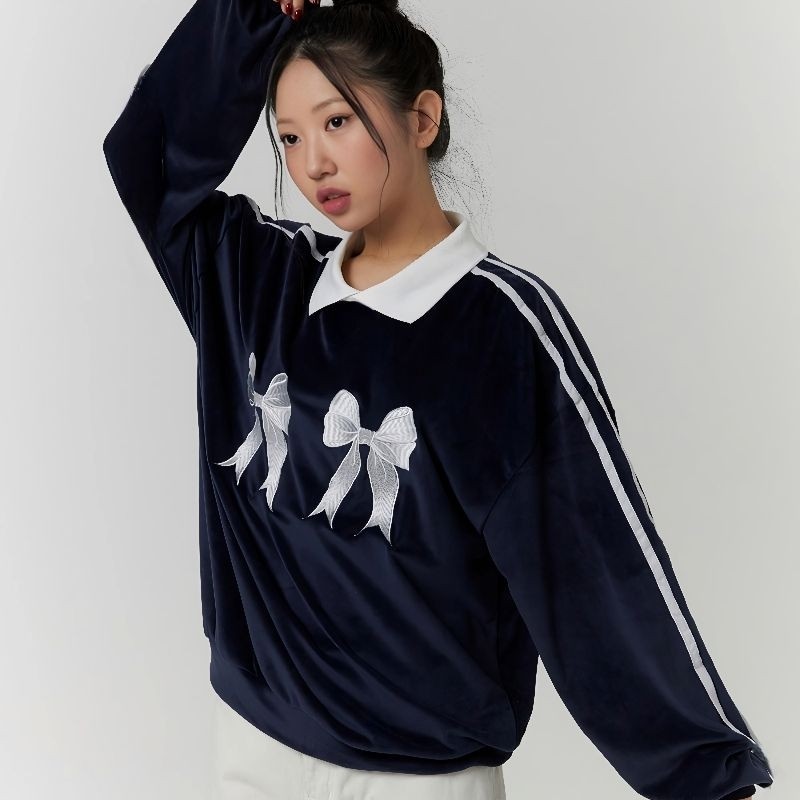 ( S - 6XL ) - เสื้อสเวตเตอร์คอปกโปโลขนาดใหญ่ ( S - 6XL ) RIBBON CUTE Crewneck Collar Mix Two Tone Wo