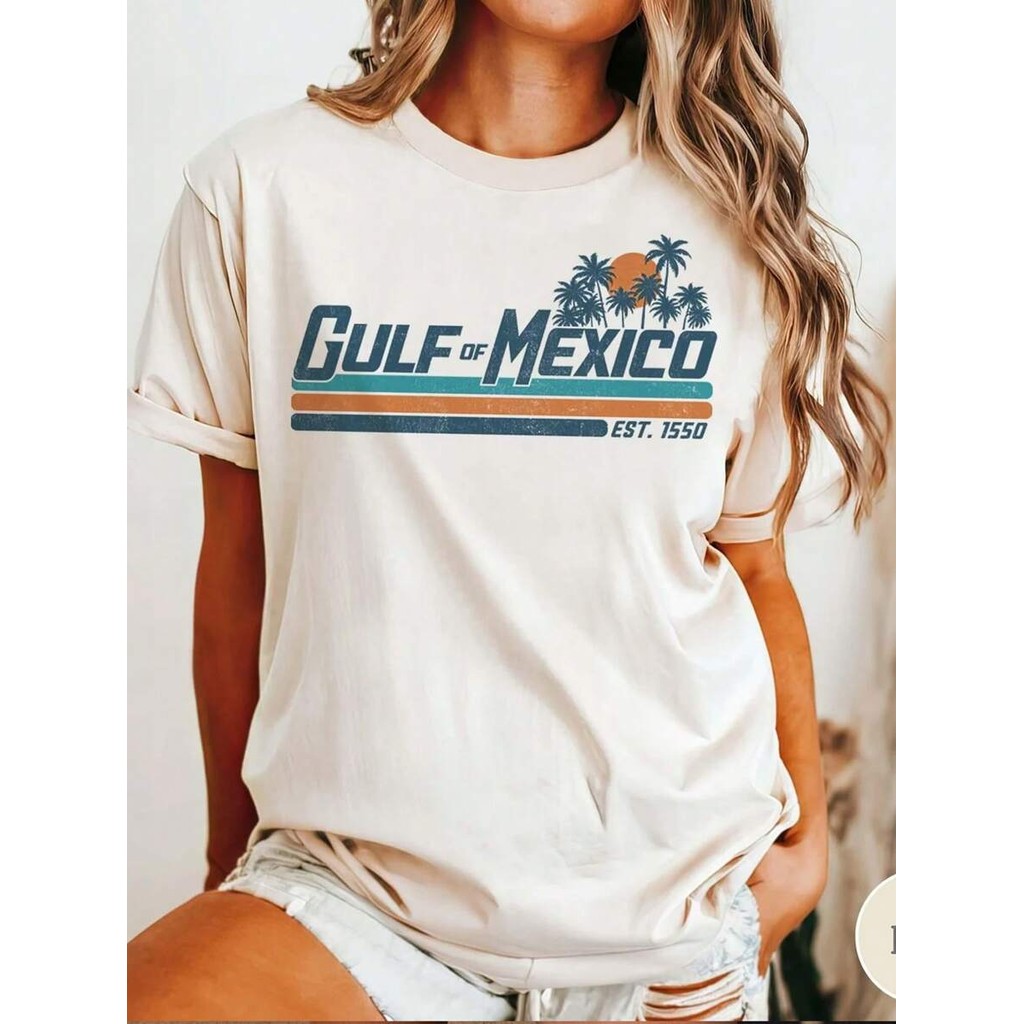 Gulf Of Mexico Beach Graphic Print Crew Neck Short Sleeve Oversize T-Shirt, T-Shirt