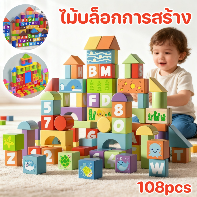 ไม้บล็อกการสร้าง 108PCS บล็อกตัวต่อไม้ พร้อมตัวเลขและตัวอักษร ชุดของเล่นไม้หลากหลายรูปทรง