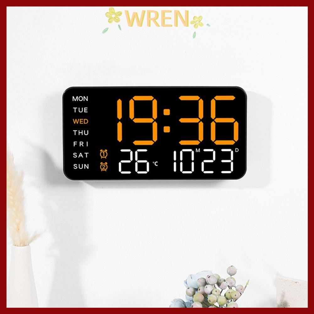 WREN นาฬิกาแขวนอิเล็กทรอนิกส์, นาฬิกา LED ดิจิตอลวันที่ติดผนัง, นาฬิกาตั้งโต๊ะแสดงปฏิทิน 12/24H DST สําหรับห้องนอน