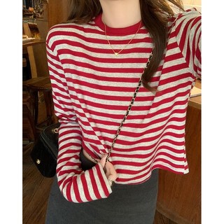 Baju Kaos Atasan Crop Top Lengan Panjang Wanita Retro Merah Stripe