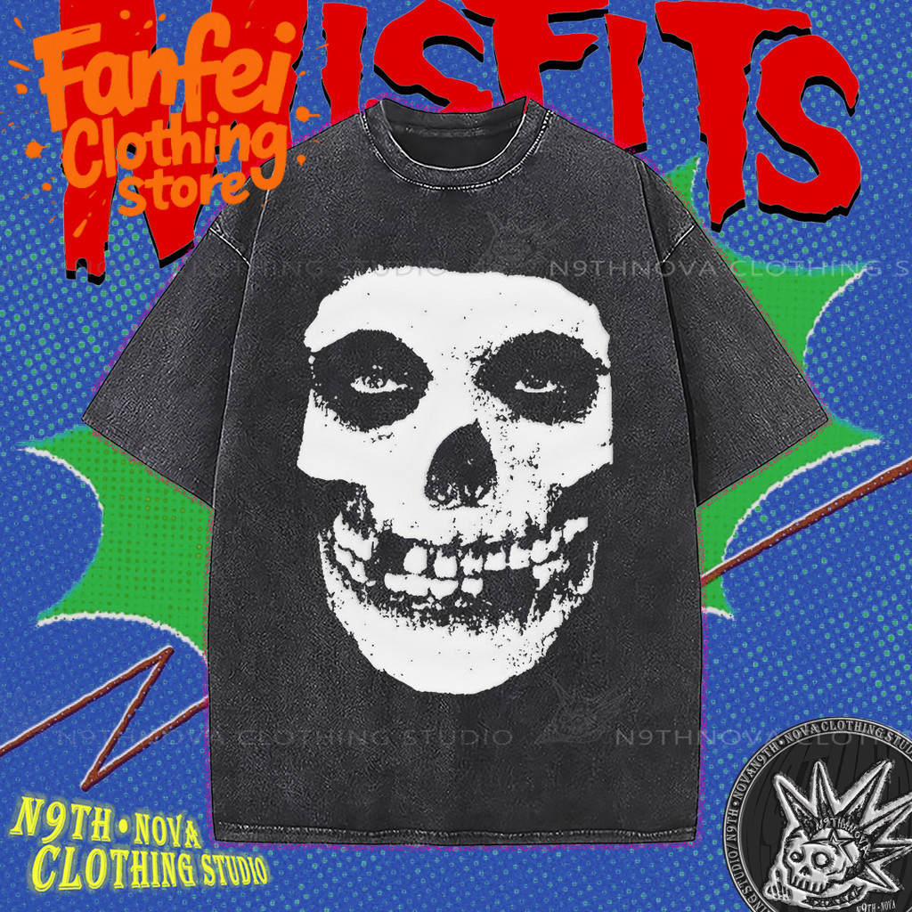 (จัดส่งตลอด 24 ชั่วโมง)Fanfei เสื้อยืดแขนสั้นสีดำลาย Misfits สไตล์พังก์ร็อก พิมพ์ลายหัวกะโหลกอันเป็นเอกลักษณ์ oversize