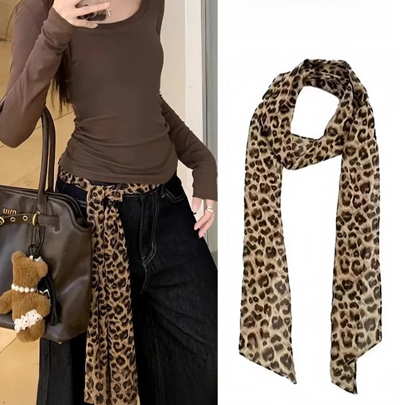 ผ้าพันคอและเข็มขัดไหมลายน่ารัก ลายเสือดาวสีกาแฟ สำหรับสตรี ปรับแต่งได้หลายสไตล์