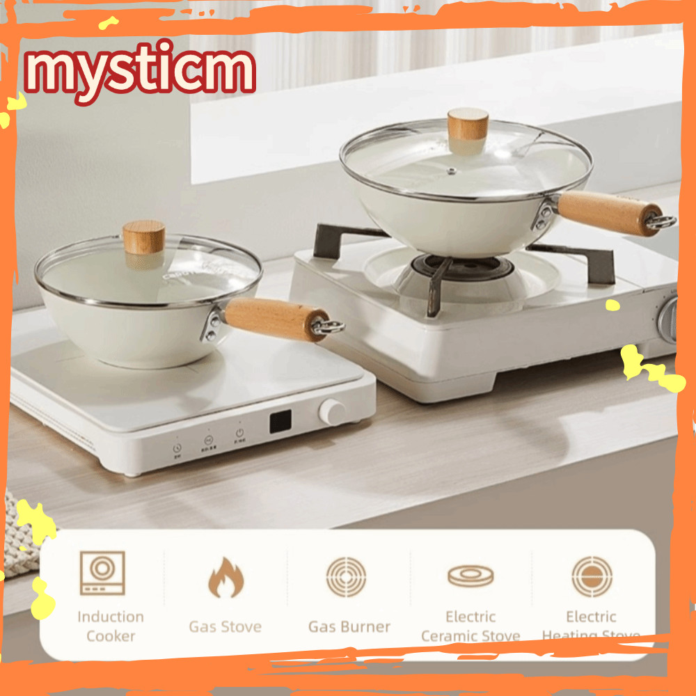 MYSTICM กระทะกระทะกระทะ,20/24ซมด้ามไม้ซอสหม้อ,สีขาวไม่ติดที่มีฝาปิดหม้อปรุงอาหารเซรามิกไม่เคลือบแก๊สเตาแม่เหล็กไฟฟ้า