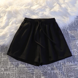 Hotgirl พร้อมส่ง กางเกงขาสั้นขากว้างเชือกผูกสไตล์เกาหลีสำหรับผู้หญิงแบบเรียบง่าย กางเกงขาสั้นทรงหลวมลำลองสไตล์สปอร์ต