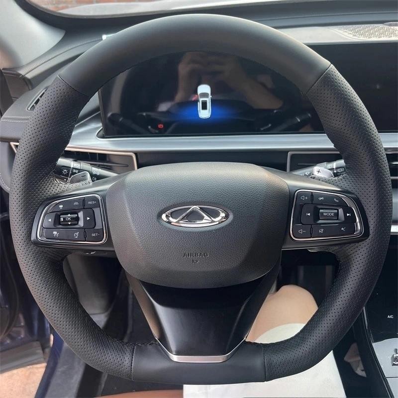 สําหรับ Chery Arrizo 5 Pro 5x eQ7 Tiggo 8 Plus Tiggo 7 2018-2024 มือเย็บสีดําหนังแท้พวงมาลัยรถ