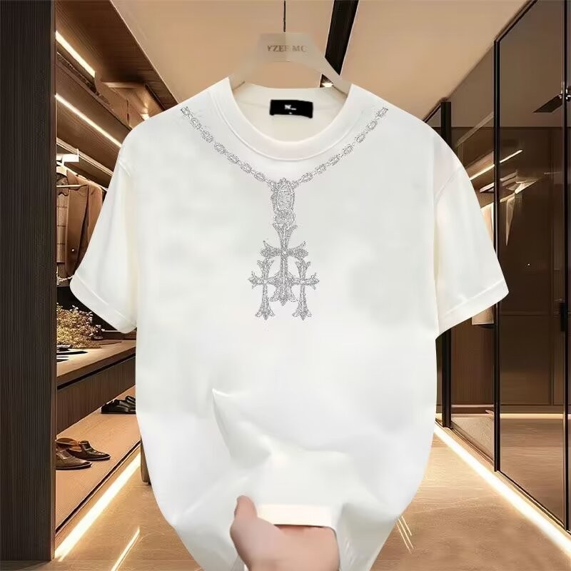 2025 NEW 2025 New Men's Short Sleeve Trendy Brand Heavy Iron-On Rhinestone Cross Hand-Painted Gradie