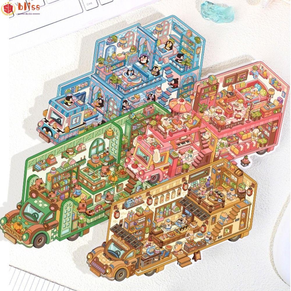 BLLISS 4 ชิ้น/เซ็ต Cabin ฉากสติกเกอร์เกม, 2.5D ผล PET มอเตอร์ Home Landscape สติกเกอร์, Creative DIY