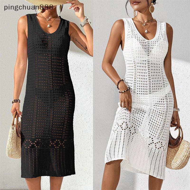 Pingchuan888 ผู้หญิงชุดลําลองฤดูร้อนถักโครเชต์ Cutout Tie กลับ Bodycon Party Dress Beach Cover Up Ho