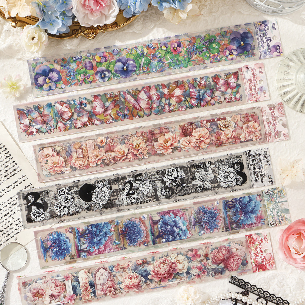 Journamm 6 แผ่นดอกไม้สมุดภาพสติกเกอร์ Embelishment PET สติกเกอร์โปร่งใสสําหรับ Scrapbooking อุปกรณ์ความงาม Junk Journaling Craft สติกเกอร์