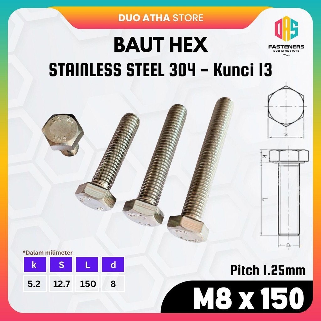 สแตนเลส M8x150 Hex Bolt / M8x150 SS304 เท่านั้น Bolt / M8x150 SUS304 Hexagon Bolt Key 13