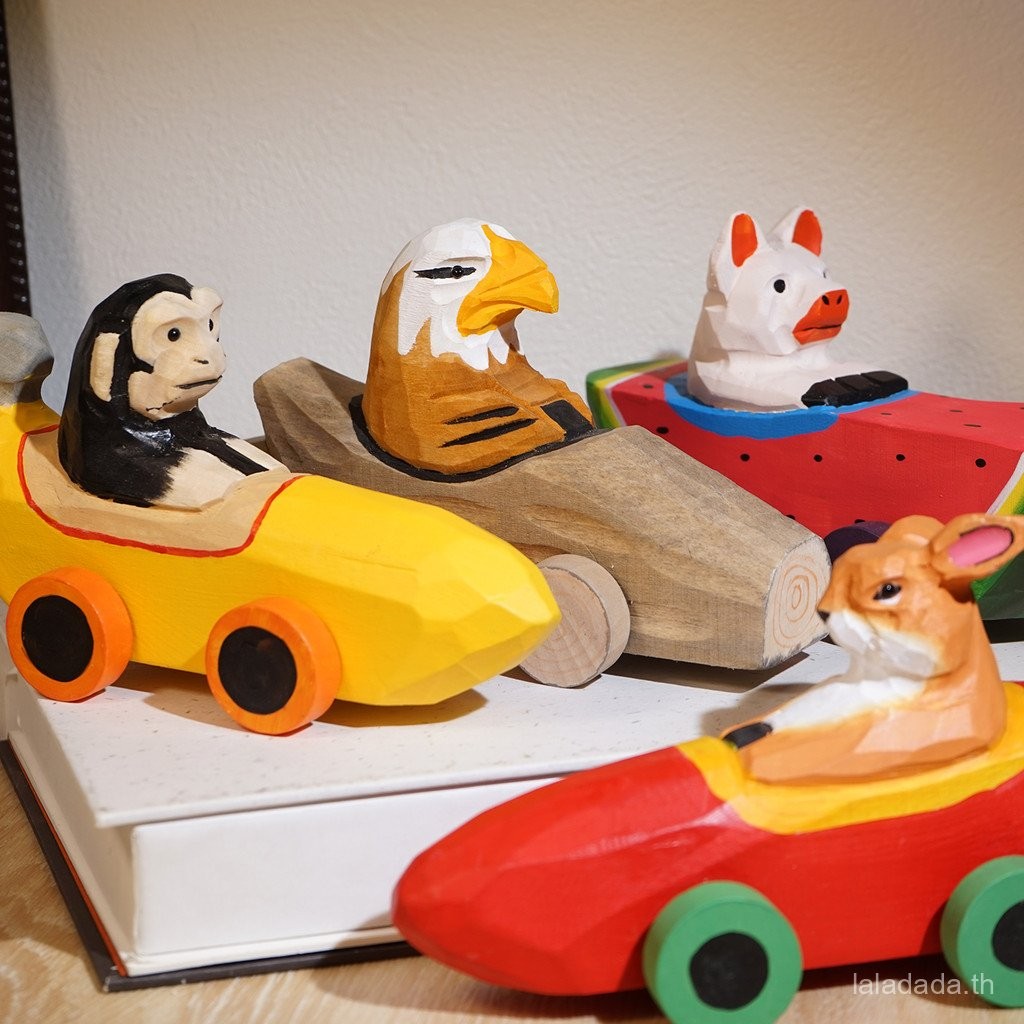 < Happy Bumper Car} ทําด้วยมือไม้แกะสลักเครื่องประดับขนาดเล็กน่ารักการ์ตูนสัตว์สร้างสรรค์สนุกเด็กเด็