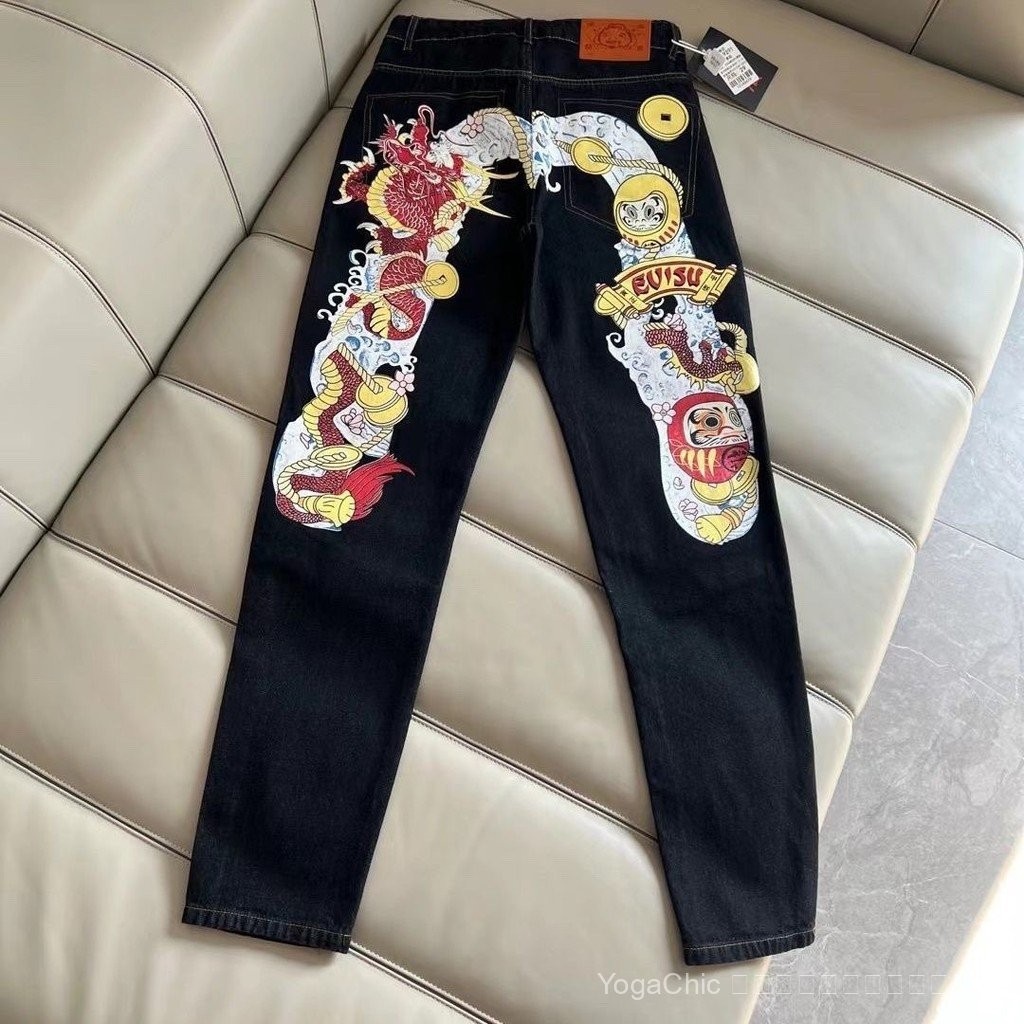 EVISU กางเกงยีนส์ผู้ชาย Fushen evisu 2025 สไตล์ฮิปฮอปและการ์ตูนทันสมัย มีลายพิมพ์แบบการ์ตูนที่สนุกสน
