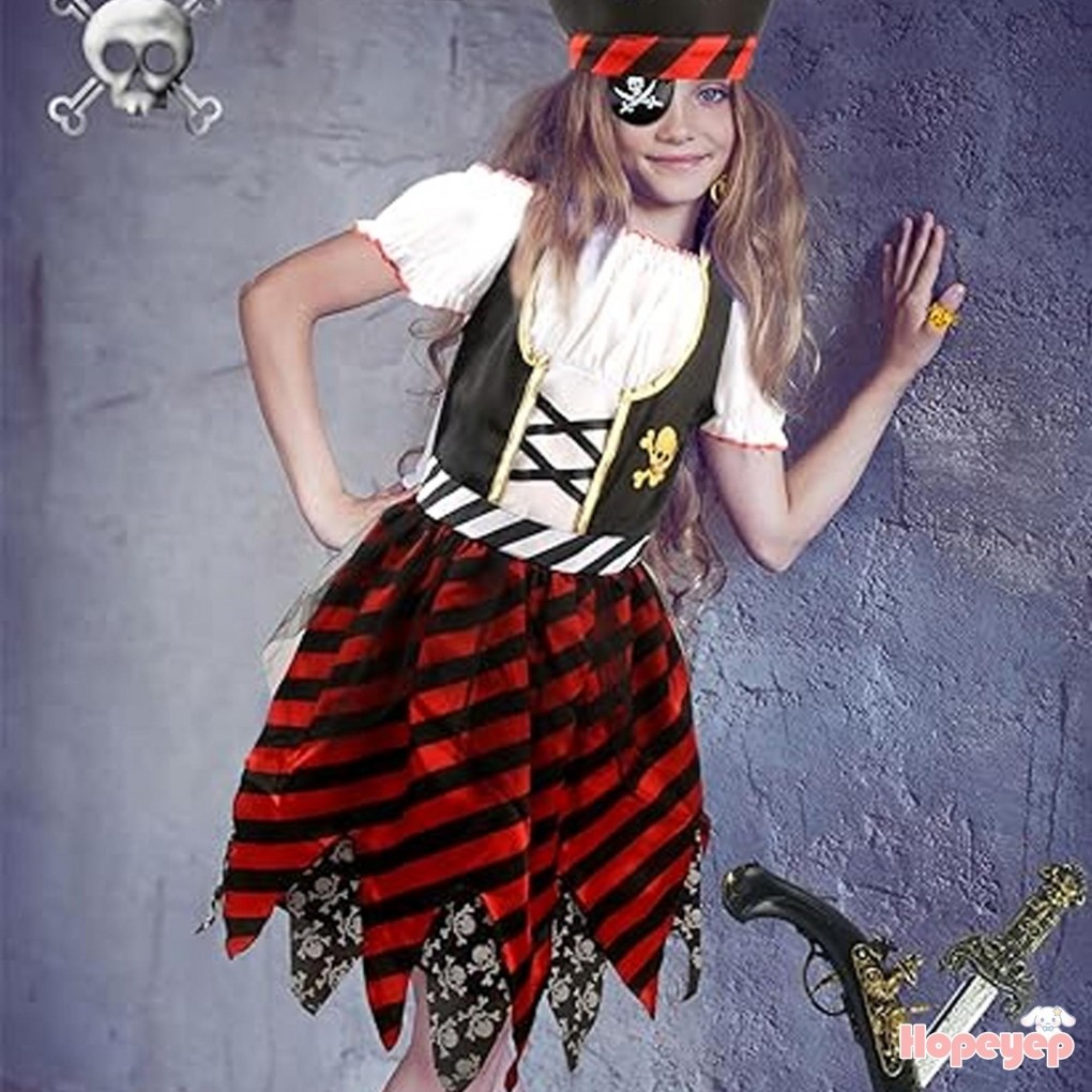 ZJTJJ-Girls Pirate เครื่องแต่งกายชุดลายเย็นไหล่แขนสั้นไม่สม่ําเสมอ Hem ชุดหมวกโจรสลัดสําหรับปาร์ตี้ฮาโลวีนคอสเพลย์