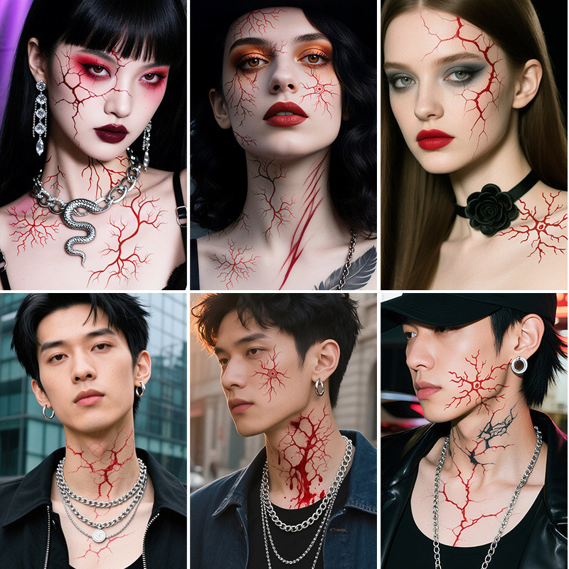 ฮาโลวีนหลอดเลือดสักสติกเกอร์สามมิติสยองขวัญเลือดเครื่องหมายสติกเกอร์ใบหน้ายุโรปอเมริกันตลกแต่งหน้าสติกเกอร์กันน้ําเหงื่อวันหยุดตกแต่ง