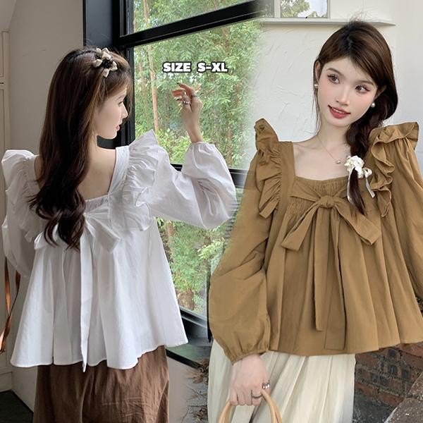 mimi&didi#เสื้อตุ๊กตาแขนยาวผูกโบว์ เสื้อตัวบนไซส์ใหญ่ เสื้อคอเหลี่ยม นัวเนีย สำหรับผู้หญิง ฤดูใบไม้ร่วง#W672