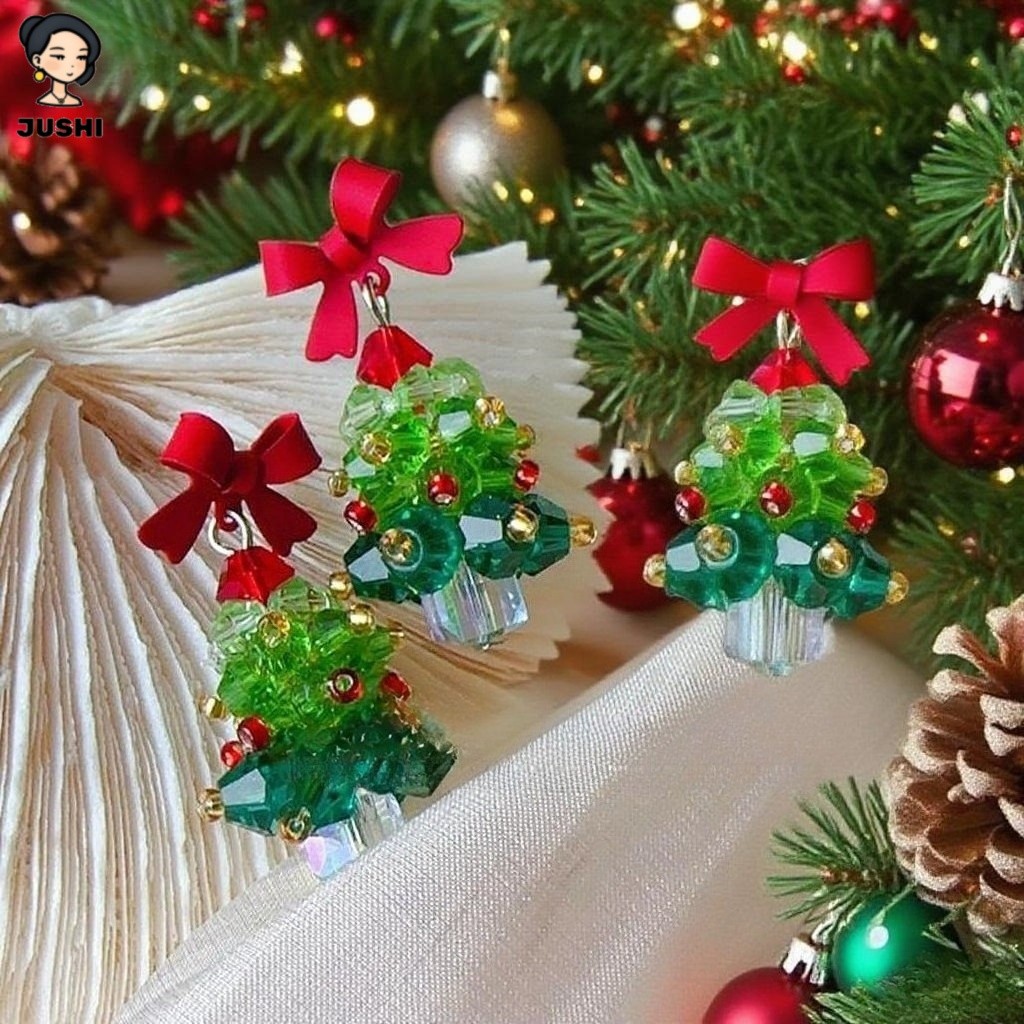 JUSHI ต่างหูแบบ Star Bow Christmas Tree สไตล์ Y2K สำหรับวันหยุดและเป็นของขวัญที่สวยงามสำหรับผู้หญิง
