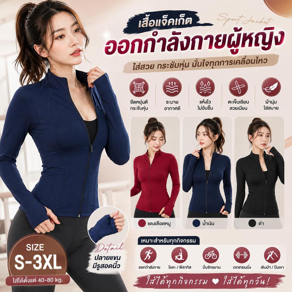 เสื้อกีฬาแขนยาวผู้หญิง เสื้อฟิตเนสซิปหน้า เสื้อออกกำลังกายทรงสลิมฟิต ยืดหยุ่นดี S-3XL