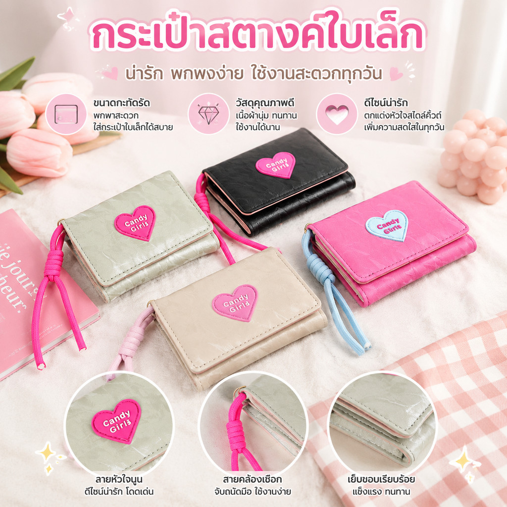 กระเป๋าสตางค์ผู้หญิงแบบเรียบง่าย | โดปามีนสไตล์ | Love Candy |เหมาะสำหรับพกพาออกจากบ้าน